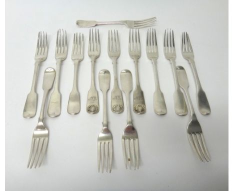 Silver fiddle pattern table forks, comprising; five London 1859, three fiddle and shell pattern London 1837 and five further 