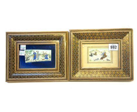 Two Persian miniatures on ivory, 19th century, by 'H. Ali Sajjadi', one depicting an equestrian hunting scene, the other with