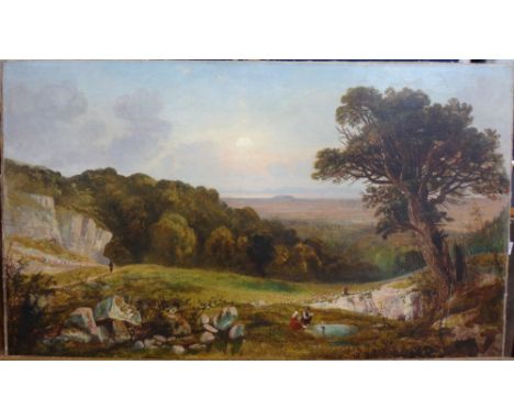 J. H. Bradley (19th century), Children playing by a dew pond, oil on canvas, unframed, signed and dated 1859, 37cm x 62cm.