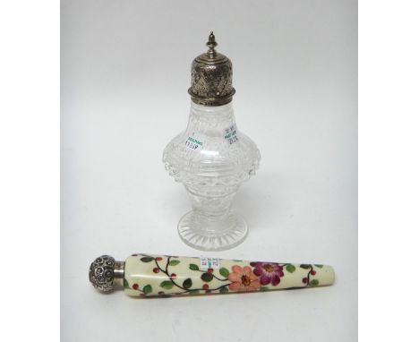 A silver mounted faceted glass sugar caster, the top with floral engraved decoration, Birmingham 1906 and a silver mounted ce