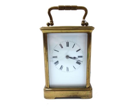 A French R&C brass cased carriage clock, circa 1900, with white enamel dial and a single train movement, (11cm high) and a Fr