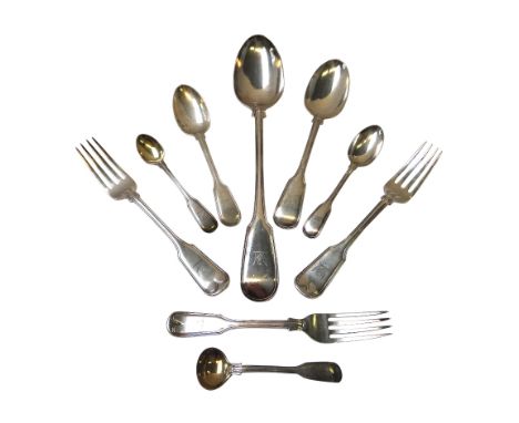 A Victorian silver double struck fiddle and thread pattern part table service, comprising; eighteen table forks, eighteen tab