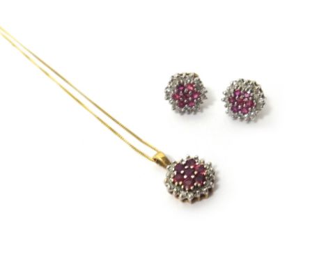 A 9ct gold, ruby and diamond set cluster pendant, with a gold neckchain and a pair of 9ct gold, ruby and diamond cluster ears