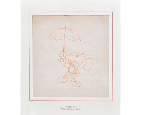 WALT DISNEY'S PINOCCHIO - orange pencil production sketch of Jiminy Cricket (created by Ward Kimball); framed & glazed (22 x 