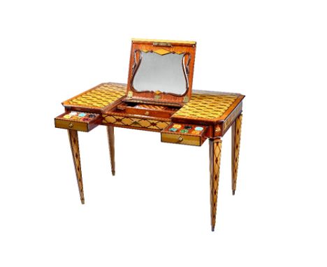 A mid-20th century parquetry inlaid satinwood and mahogany dressing table, also fitted for gaming and with two frieze drawers