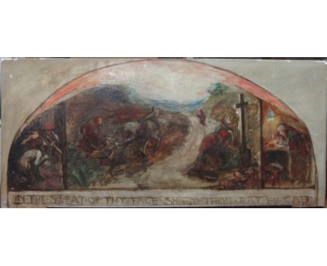 English School (19th century), 'In the sweat of thy face shalt thou eat bread', oil sketch on canvas, inscribed beneath image
