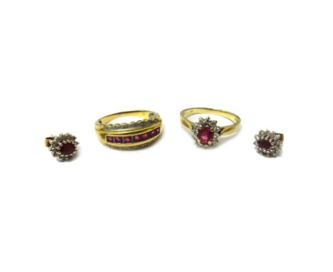 A pair of 9ct gold, diamond and ruby set oval cluster ear studs, the backs with post and butterfly clip fittings, a 9ct gold,