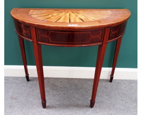 A George III satinwood inlaid mahogany demi-lune console table, on tapering square supports, 95cm wide x 78cm high x 47cm dee