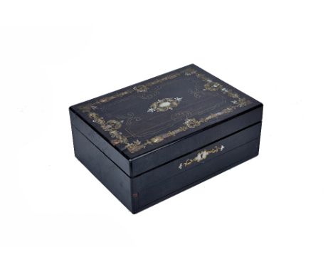 'Fisher Maker 188 Strand', a Victorian mother-of-pearl inlaid coromandel travelling sewing necessaire, with fitted mother-of-