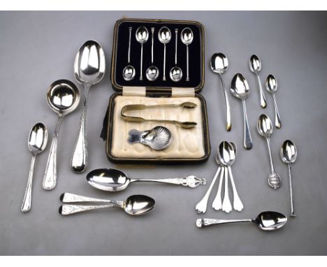 A cased set of six seal-top coffee spoons, Sheffield 1924, to/w an Art Nouveau preserve spoon with foliate finial, William Ba