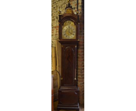 A mahogany cased 8-day quarter chiming musical longcase clock, the associated figured mahogany case circa 1770 with triple fu