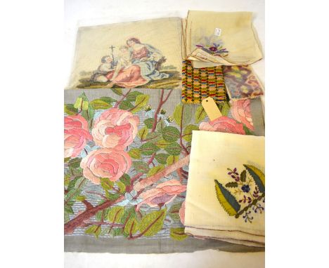 A collection of 19th century beadwork and Berlin wool panels (6), a beaded silk 'dolly' bag with deer hunting scene, a floral