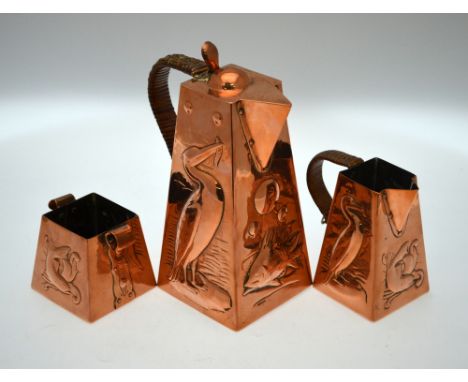 A Newlyn copper three-piece coffee service of square tapering form embossed with cormorants and fish, the pot and milk jug wi