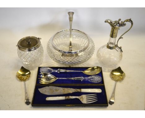 A cut glass bowl with plated rim and matching servers, to/w a cased pair of fish servers with mother-of-pearl handles (little