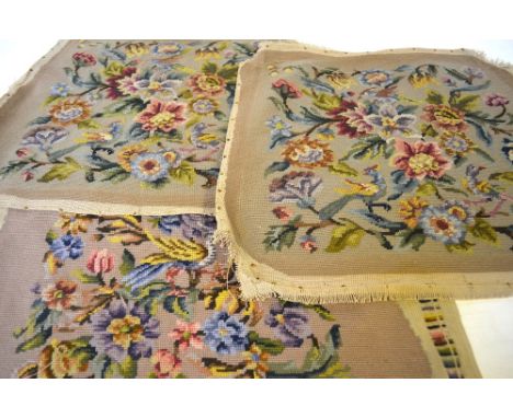 Six Berlin wool tapestry panels for seat upholstery, beige ground with floral patterns