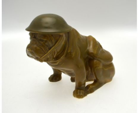 A Royal Doulton model of a bulldog - Old Bill/Tommy, khaki coloured glaze, wearing an army helmet and saddlebag, produced bet