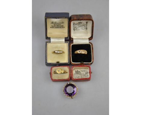 A collection of Victorian jewellery including amethyst and natural pearl circular brooch, five stone diamond ring 18ct st, fi