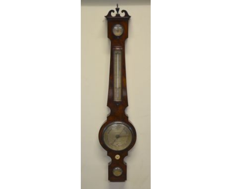 Dollond, London, a 19th century flame mahogany cased barometer having a silvered 16 cm dial, signed with thermometer, hydrome
