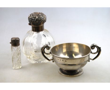 A two-handled silver sugar basin, Birmingham 1899, to/w a cut glass scent flask with silver hinged top, Birmingham 1896 and a