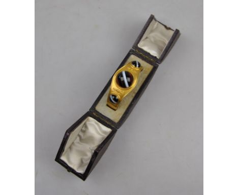 A Victorian bloomed yellow metal hinged bangle set with three graduated banded agate cabochons, within fitted box to/w pair o