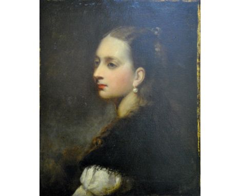 19th century English school - Portrait of a young lady with a pearl earring, oil on canvas, 60 x 50 cm Condition Report Relin