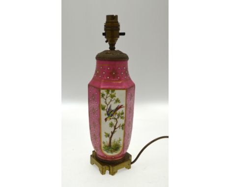 A Sevres hexagonal vase, rose pompadour ground with panels of exotic birds in trees, later lamped, 33 cm including base and l