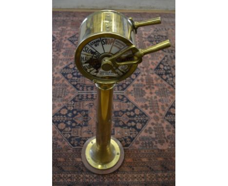 S Harper & Son Co, New York, NY, a brass ships telegraph no 11030, on wooden plinth, 106 cm high, salvaged from the tug 'Lore