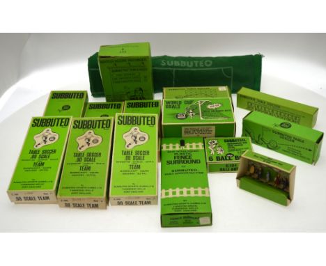 A quantity of early Subbuteo table soccer items, six boxed team/player sets, Brazil, Chelsea, Leeds, Arsenal, England and Per