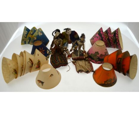 Sixteen hand-decorated paper conical light-shades, nursery scenes, fishing flies and Chinoiserie scenes, to/w three Chinese p