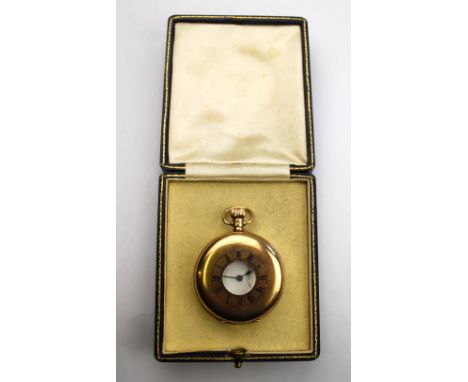 A 9ct gold half-hunter pocket watch with 21-jewel Swiss movement, in Dennison case, Birmingham 1922, in blue leather case