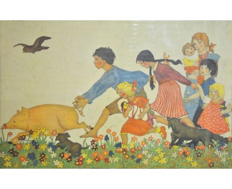 After Jlse Breit - A set of prints - Children playing with chicks below sunflowers, 48 x 45.5 cm; young girl with goose, hens