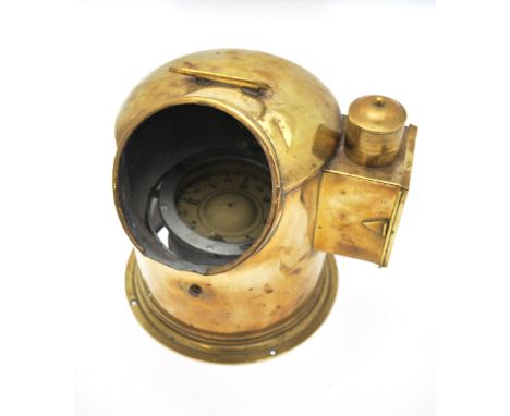 An antique nautical brass binnacle cased gimble framed compass with light box to the side, 25 cm high