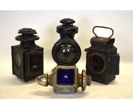 An early nickel plated car lamp with blue glass side panel, 20 cm high to/w an early japanned 'Dependence' parafin tail lamp 