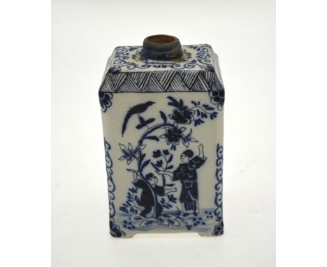 A Dutch Delft blue and white tea caddy of rectangular form decorated with figures, birds, flowers and foliage, 12 cm high Con