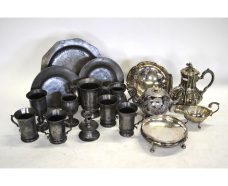 A Victorian electroplated coffee pot, a tea pot, comport, dish and sauce boat, to/w a quantity of antique pewter, including c