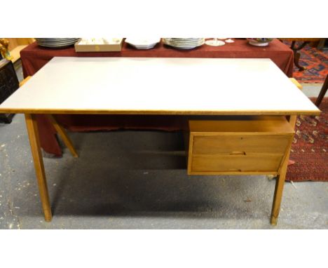 A Robin Day for Hille, a Hillestak desk circa 1950's, the grey laminate inset top raised over a beech frame incorporating a p