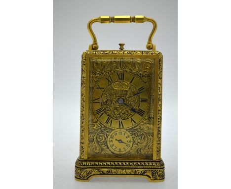 E. Dent, 33 Cockspur, London, a repeating alarm brass cased carriage clock with two drum platform movement striking the half 