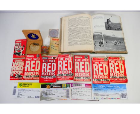 Football Items, A box containing a boxed Glasgow Rangers medal celebrating 50 league championships, 8 Wee red Books, A Caxton