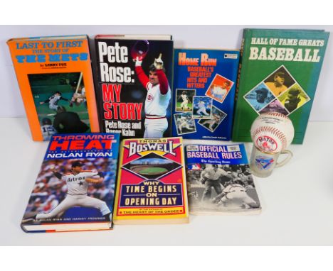 Baseball Items, A box containing excellent reference books from the 1980s, shot glass, baseball etc (1 Box) Good