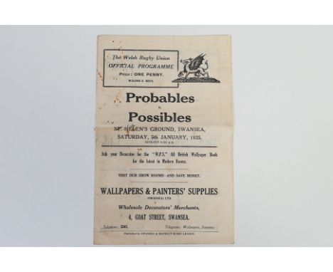Rugby Union Programme, Welsh Rugby Union Probable’s versus possibles played in Swansea 5 th January 1935 (1) Fair-Good