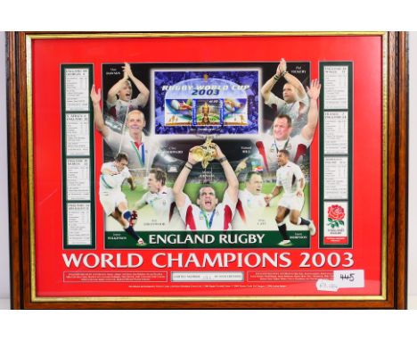 A limited edition Victory Cards Rugby World Cup 2003 display, depicting player and manager images, three stamps, game scores 