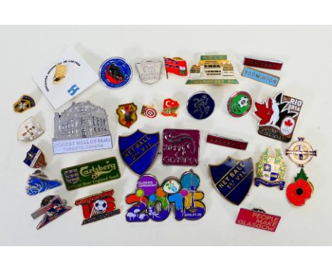 Sporting Pin Badges, A box containing 30 pin badges covering Football, Netball, cricket, Hockey, Olympics etc 1950s onwards (