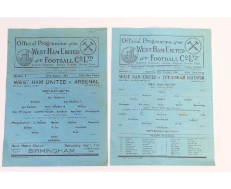 Football Programmes, West Ham United Home programmes versus Arsenal 1945/6 and Tottenham Hotspur 1946/7 (2) Good