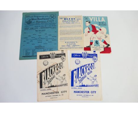Football Programmes, Manchester City away programmes versus West Ham 46/7, Birmingham City 46/7, Aston Villa 48/9, Blackpool 