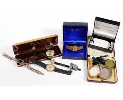 A quantity of wristwatches and pocket watches, to include a Precimax stainless back and brown leather strap wristwatch, anoth