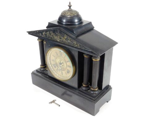 A Victorian black slate mantel clock, of architectural design, with a compressed bell top pediment, raised with classical fig