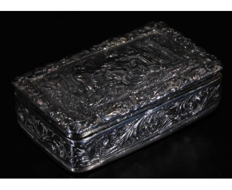 A George III silver gilt snuff box, of rectangular form, heavily repoussé decorated with figures in a forest, with a floral b