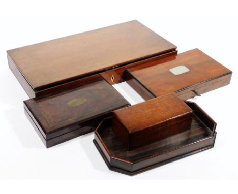Various 19thC and other boxes, a rosewood cased geometry set, 24cm W, an oak cased box, mahogany box with vacant cartouche, t