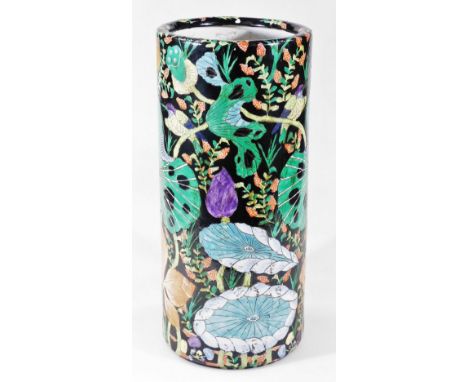 A 20thC Chinese pottery stick barrel, of cylindrical form, profusely decorated with leaves, trees and branches, predominately
