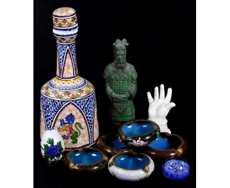 Various 20thC cloisonné ware, comprising ashtrays of circular form, one in white and green decoration, 9cm Dia. etc. a Conimb